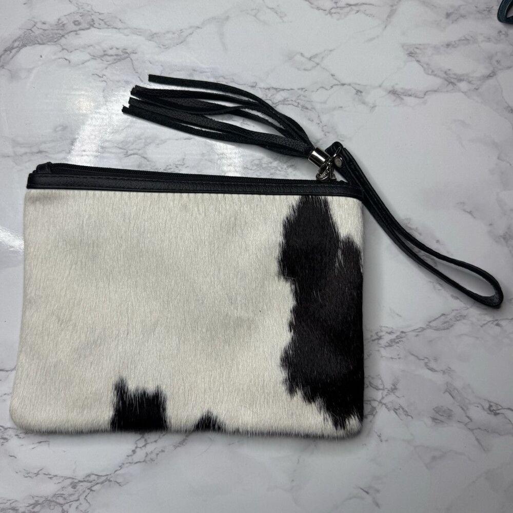 Black & White Cow Print Women's Wristlet Wallet with Zipper, Tassel, Strap